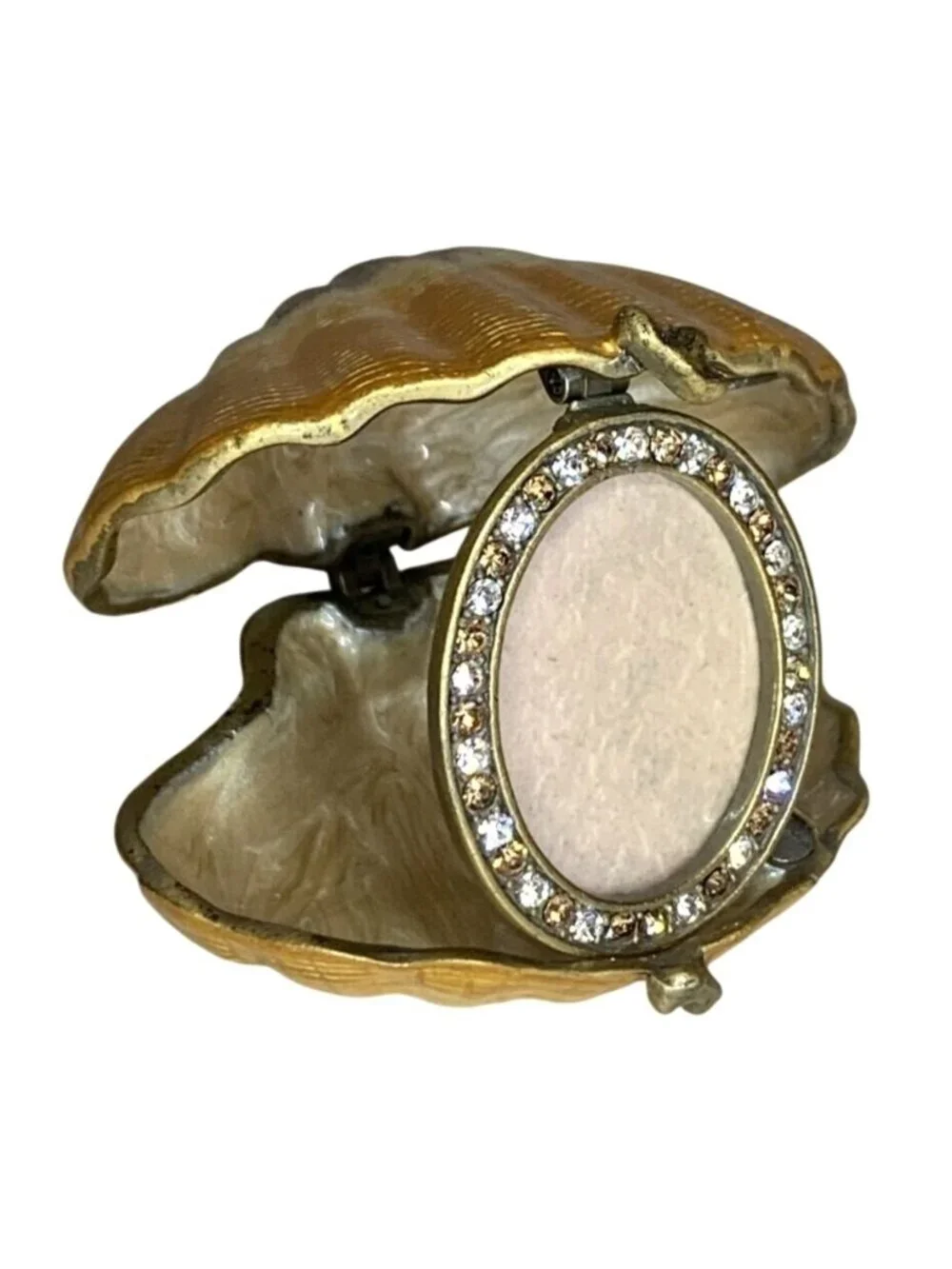 Decorative Clam Seashell Trinket Box w/ Jeweled Rhinestone-Accented Oval Frame
